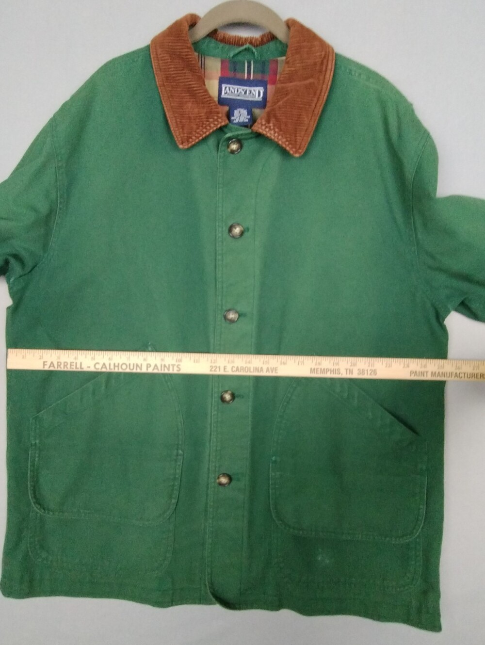 Lands' End Green Barn Jacket Chore Coat with Brown Corduroy Collar - Picture 10 of 16